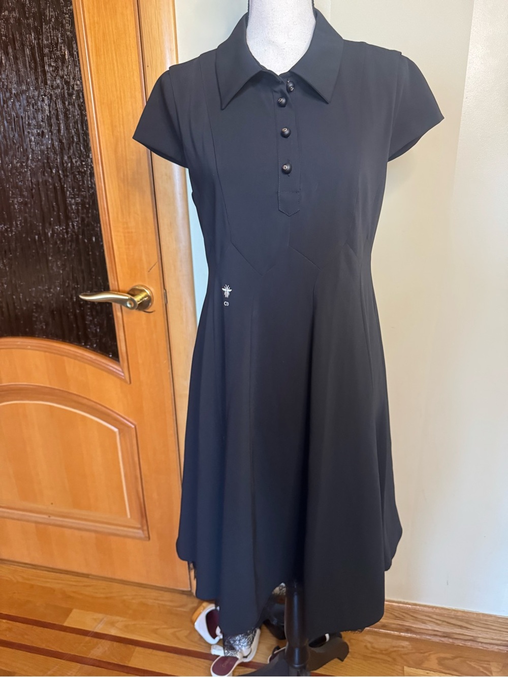 Dior Black Collared Midi Dress with Button Placket Sz 10